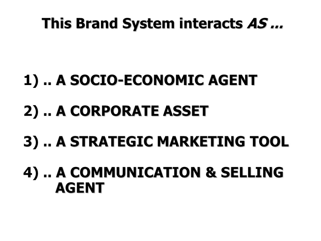 This Brand System interacts AS ... 1) .. A SOCIO-ECONOMIC AGENT 2) .. A